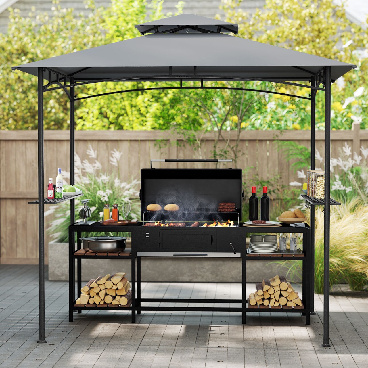 Outdoor BBQ Grill Gazebo 8x5 ft with 2-Tier Canopy and Side Shelves Hooks, Bottle Opener
